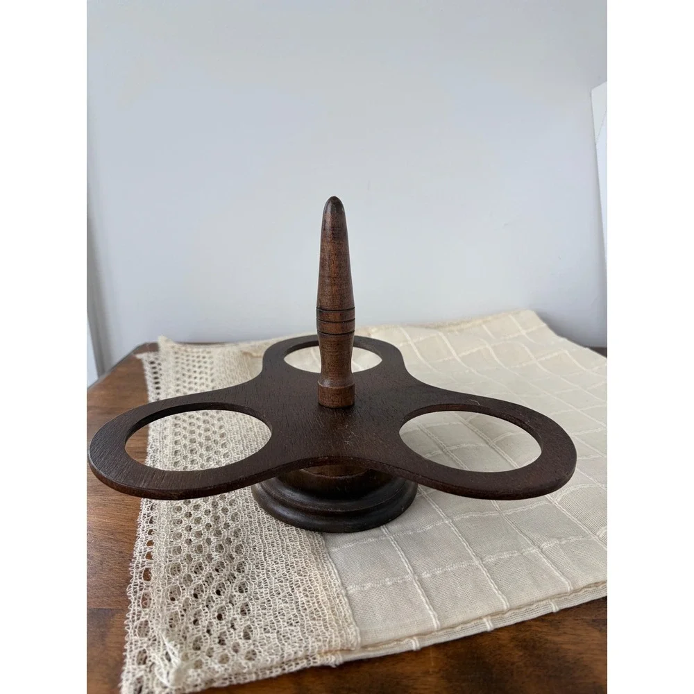 Vintage Dark Wood 3 Hole Condiment Caddy Cruet Stand with Handle